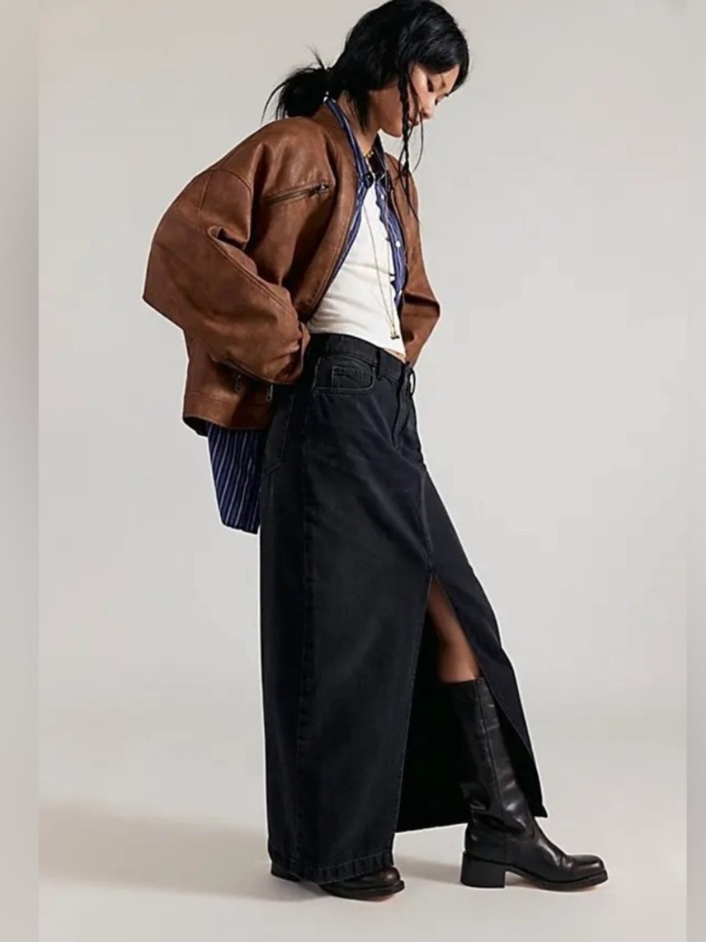 9332. We The Free Nothing Better Denim Maxi Skirt
